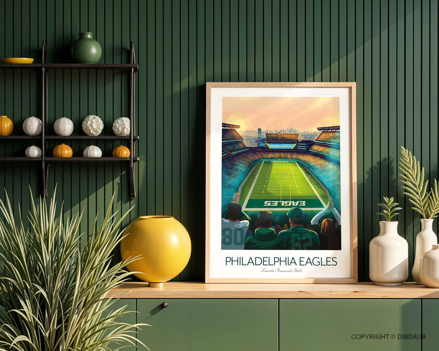 Framed poster Philadelphia Eagles football stadium, placed on a Kitchen worktop against a green wall.