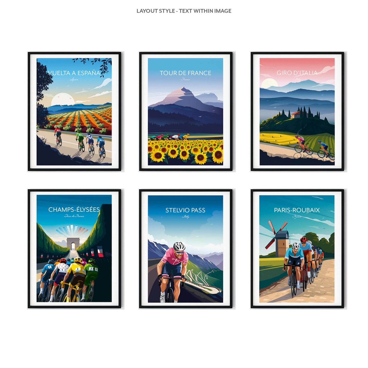 Cycling Prints - Save Now - Any 3 for 2 - Tour De France, Giro d'Italia, Vuelta a España, Paris Roubaix, Stelvio Pass, Champs-Élysées.