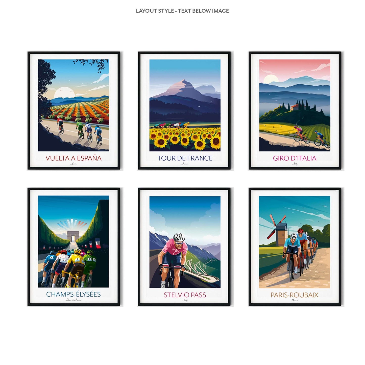 Cycling Prints - Save Now - Any 3 for 2 - Tour De France, Giro d'Italia, Vuelta a España, Paris Roubaix, Stelvio Pass, Champs-Élysées.