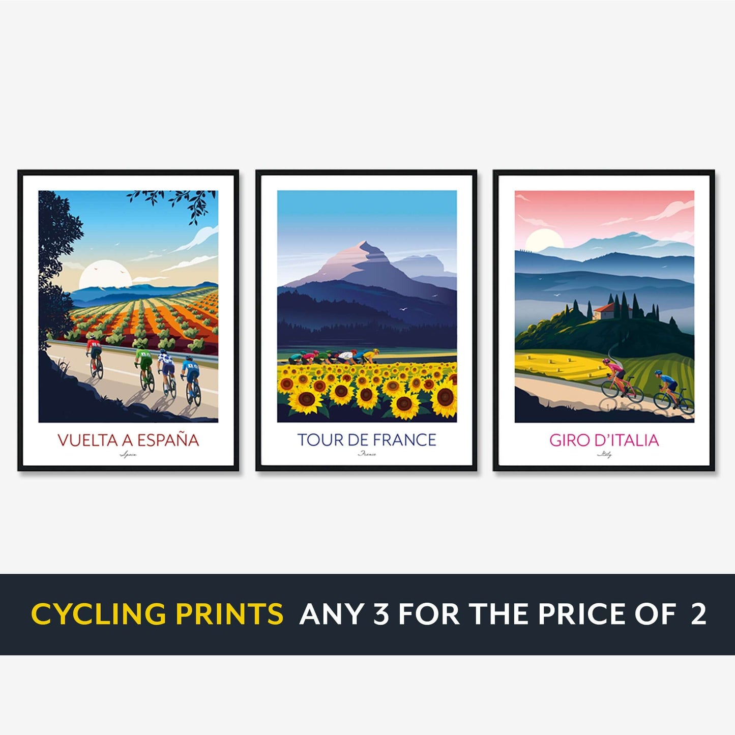 Three large framed colourful cycling art prints of the Grand Tours including Tour De France, Giro D'Italia and La Vuelta.