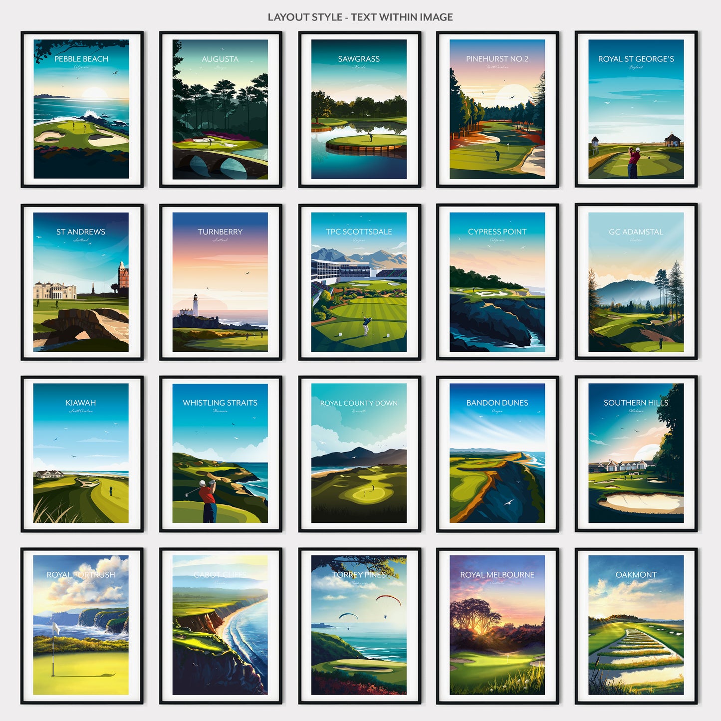 Golf Course Prints - Any 3 for 2 - Augusta, St Andrews, Pebble Beach, Scottsdale, Torrey Pines, Pinehurst, Kiawah...