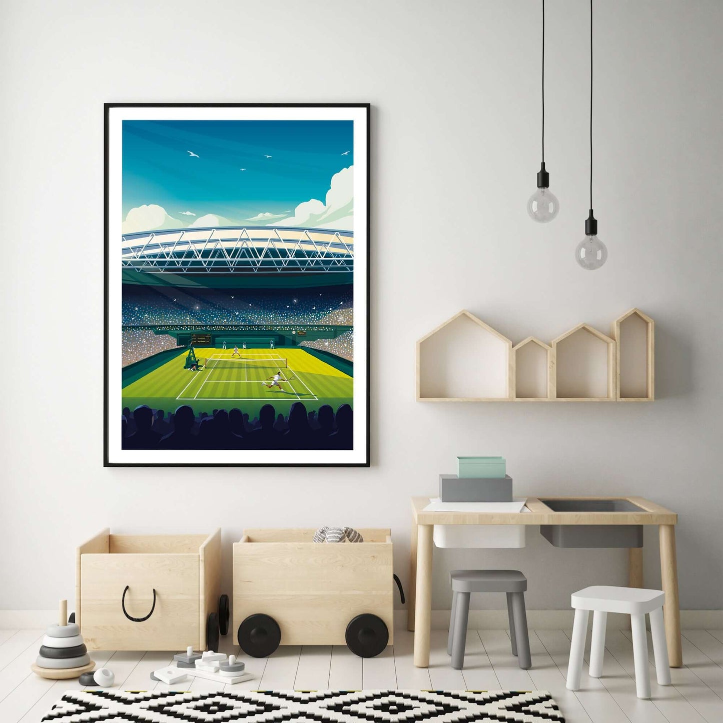 Kids tennis themed play room with a framed Wimbledon art print.