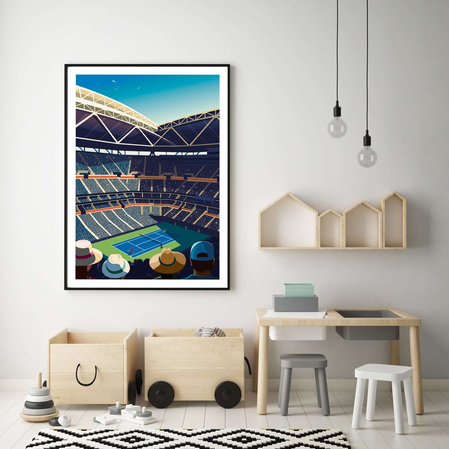 Kids bedroom with a framed tennis art print of the US Open, places above toy cupboard.