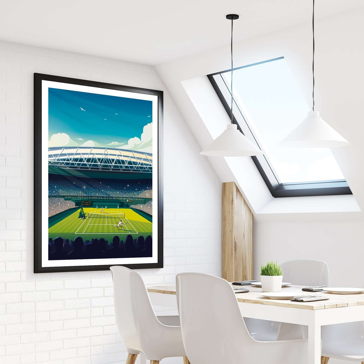 Wimbledon tennis art print in a black frame, hung on the wall above a dining table in an apartment.