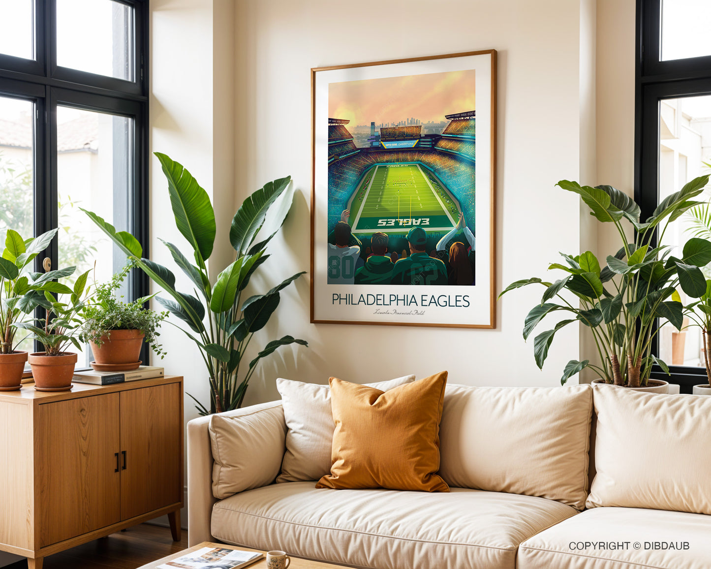Living room with a couch, plants, and a framed picture of a Philadelphia Eagles Stadium.