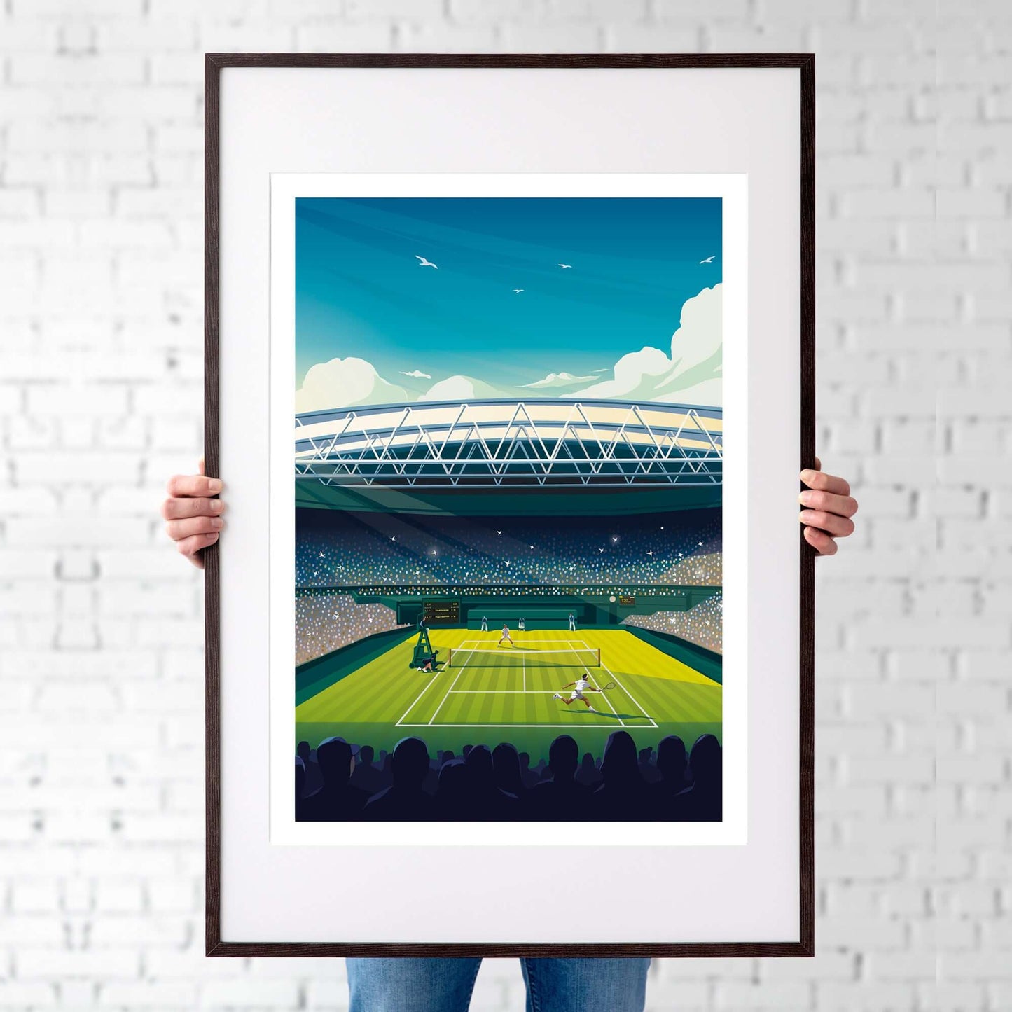 Framed Wimbledon tennis poster, capturing Roger Federer and Djokovic playing in a Grand Slam final on centre court.