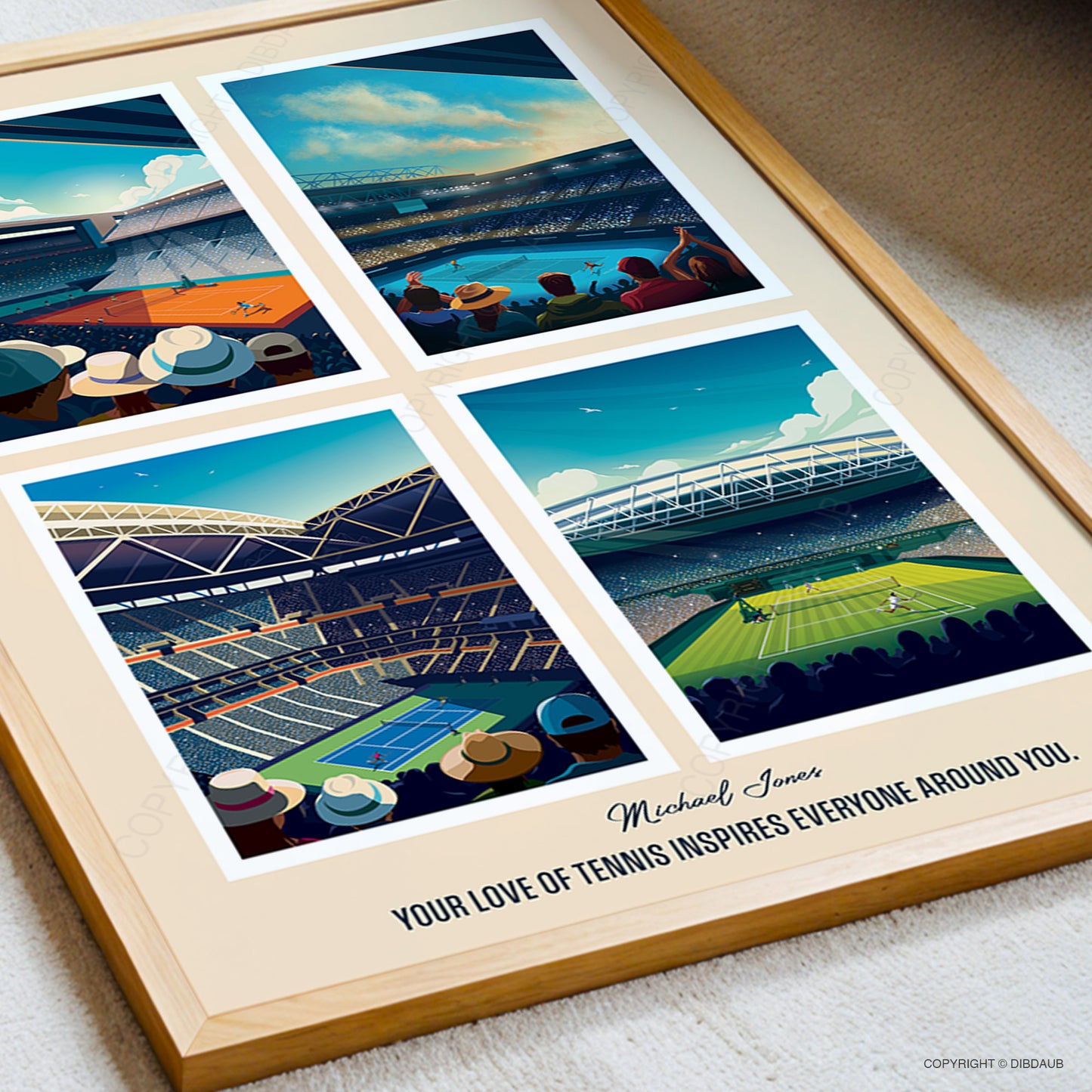 Framed artwork of each grand slam tennis stadium with personal quote and name.