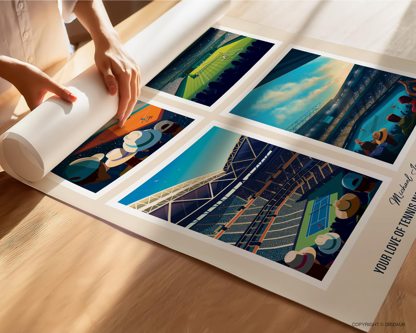 Person rolling up a personalised tennis artwork on a wooden surface.