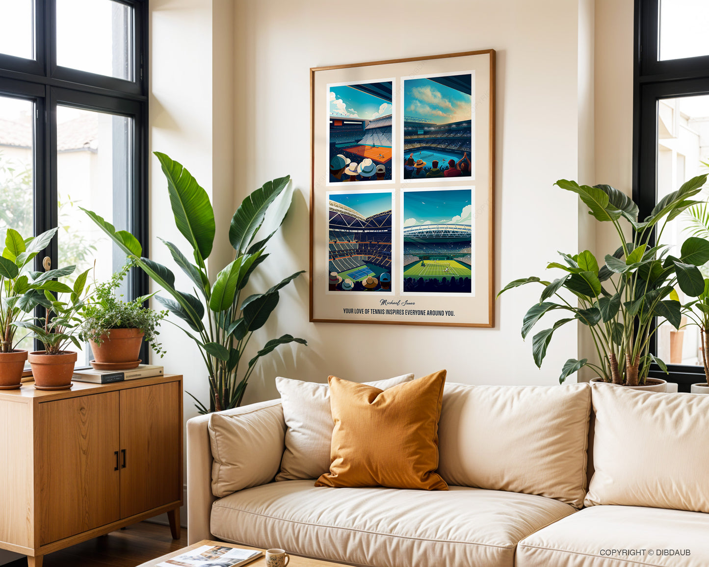 Custom framed tennis art print hanging in living room above a sofa and beside the window.