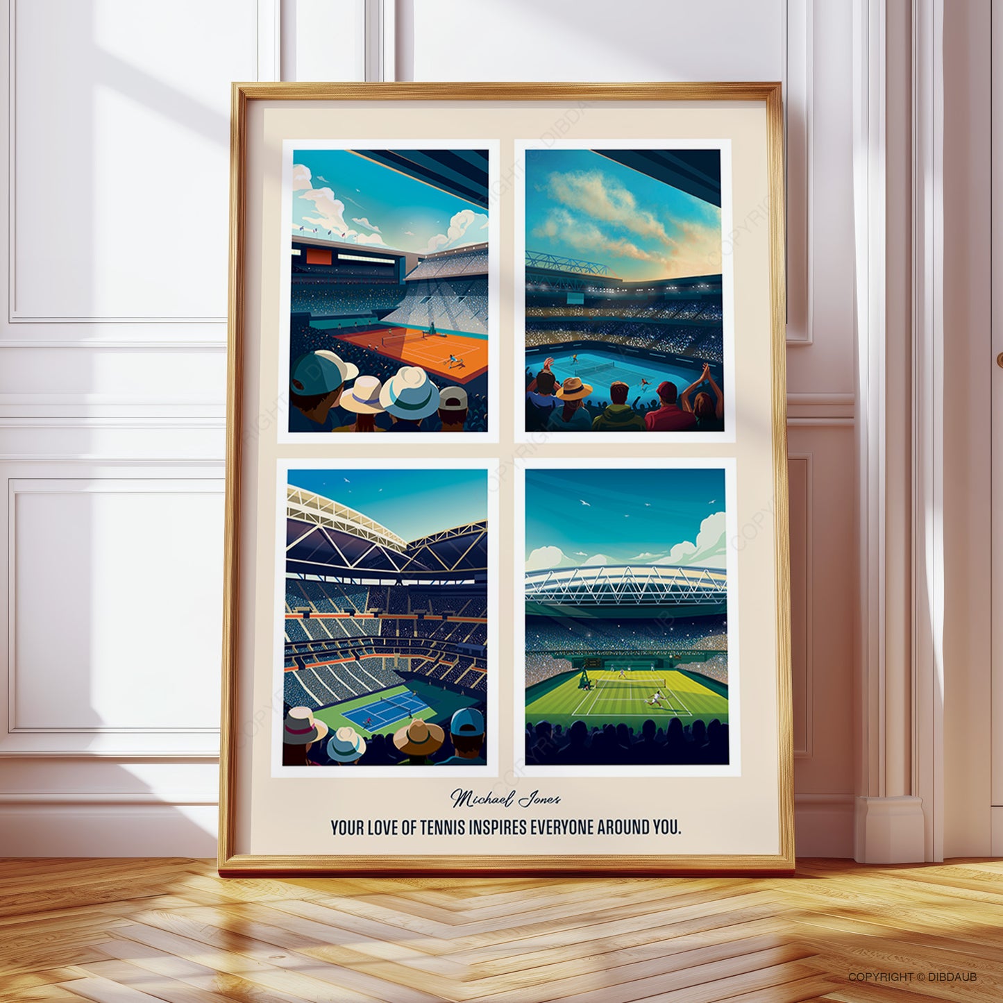 Framed tennis artwork of each Grand Slam event with a personal message and name.