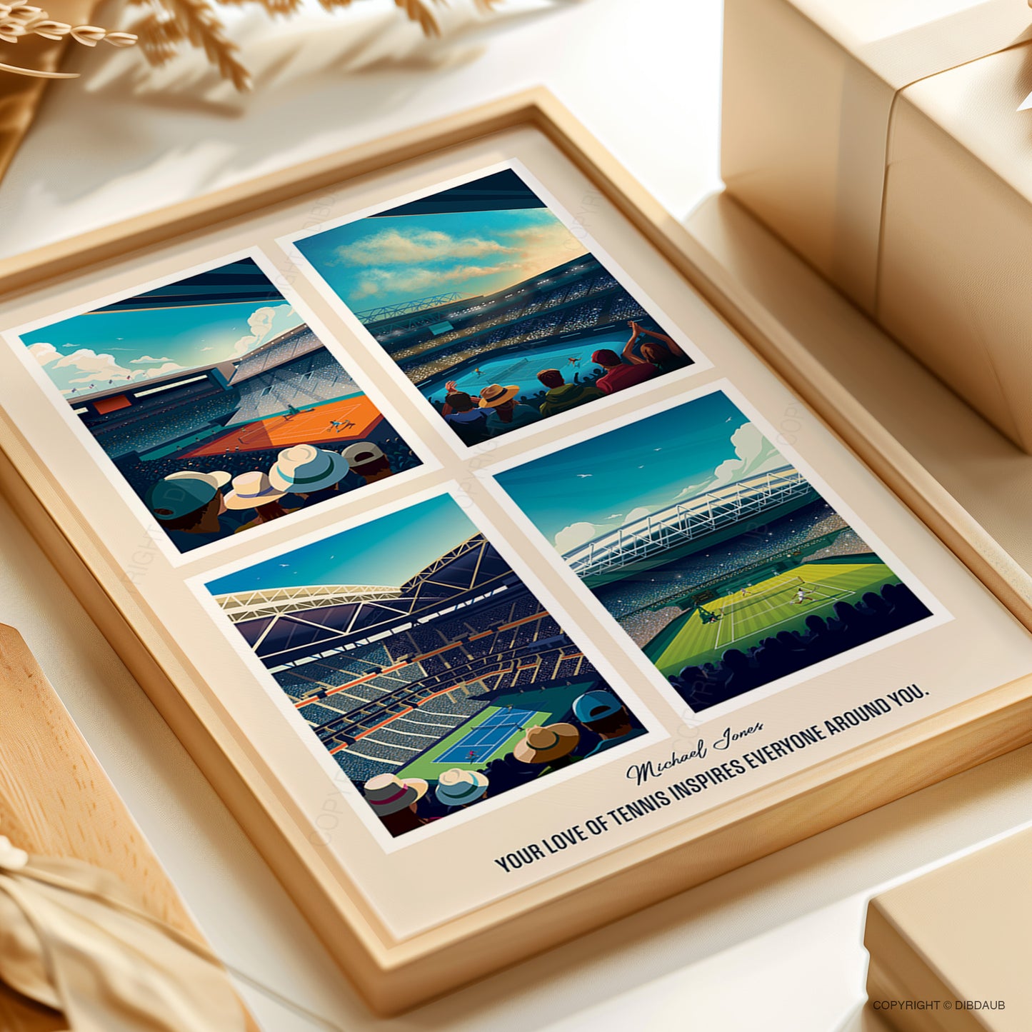 Framed tennis art print with custom name and message being gift wrapped.