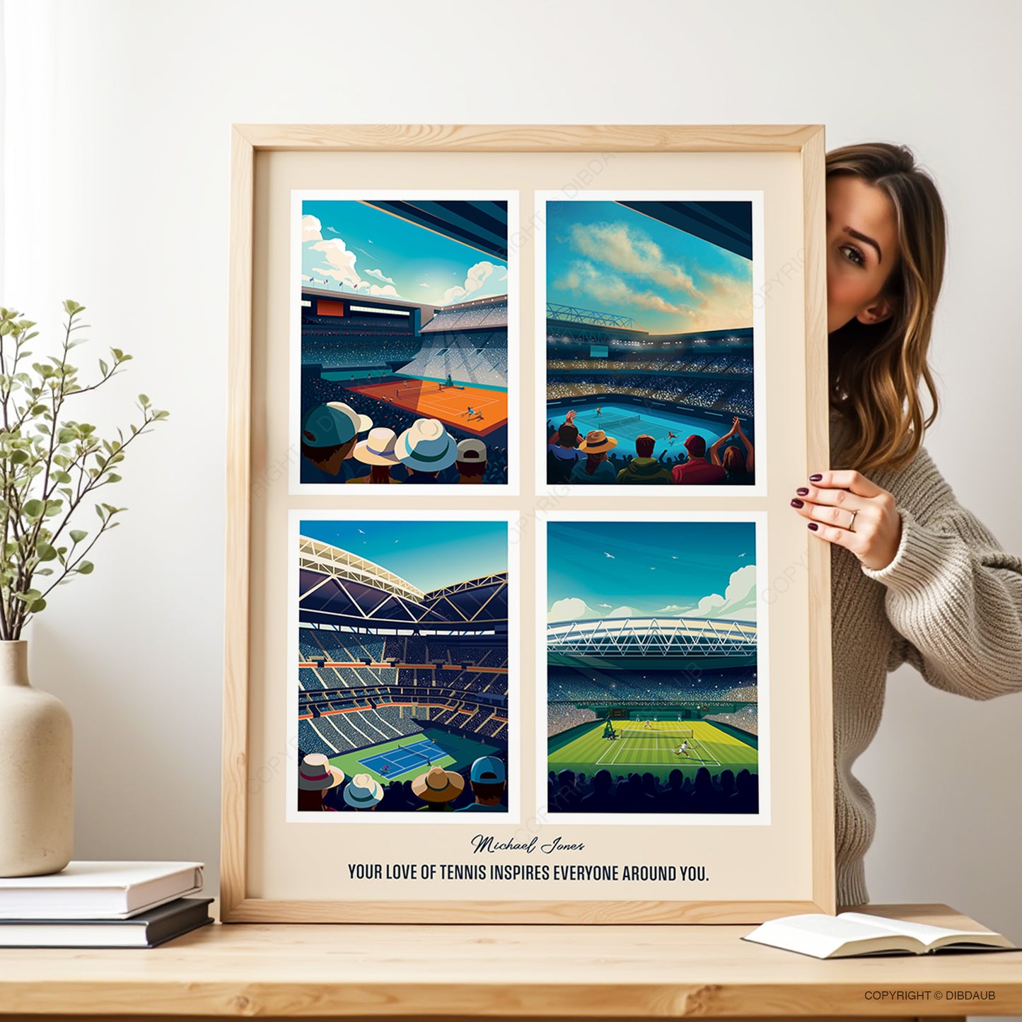 A lady holding a personalised framed tennis print that includes artwork of each 4 grand slam venue.
