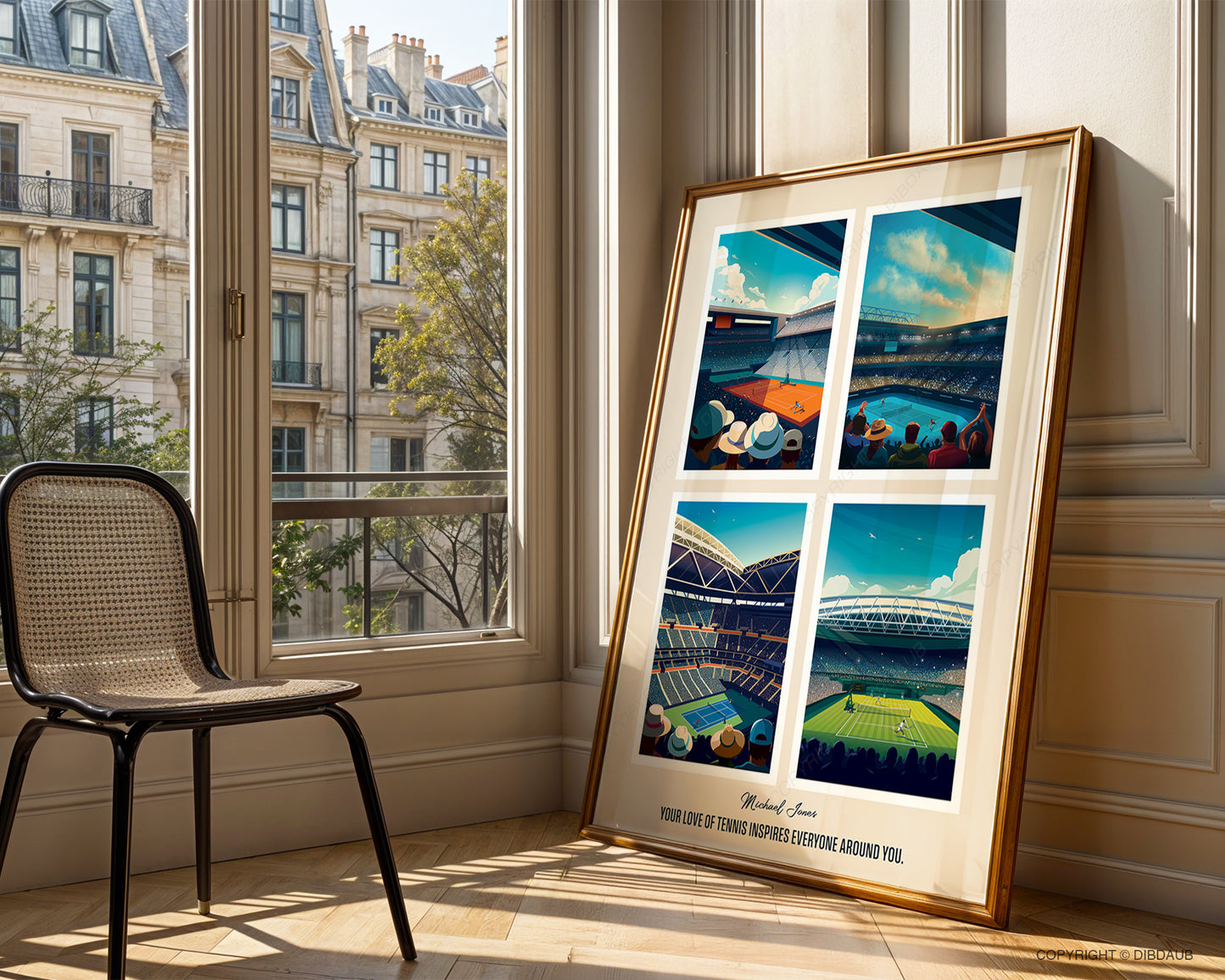 Framed Grand Slam tennis artwork, customised with a personal message and name, leaning against a wall with a window view.
