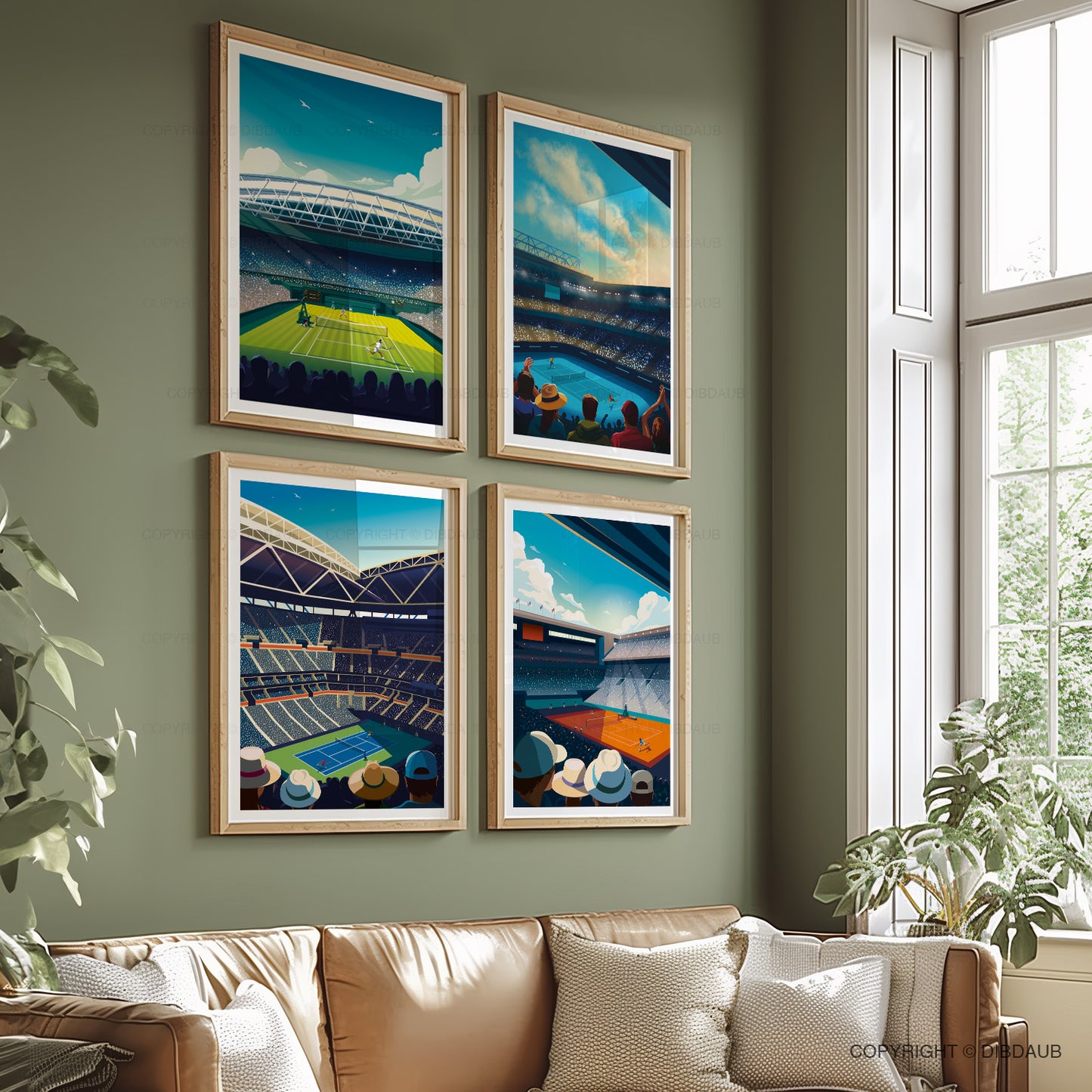 Four framed tennis artworks of Grand Slam stadiums on a wall above a sofa with large windows letting in natural light.