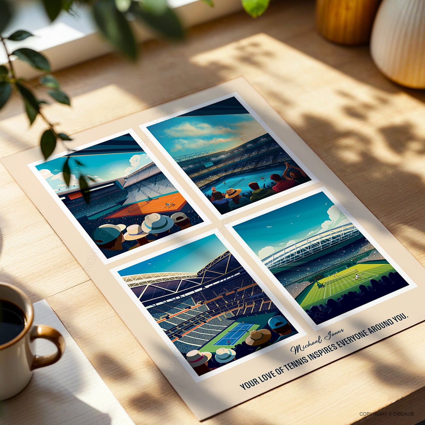 Personalised grand slam tennis art print sitting on a desk beside a window and a cup of coffee.