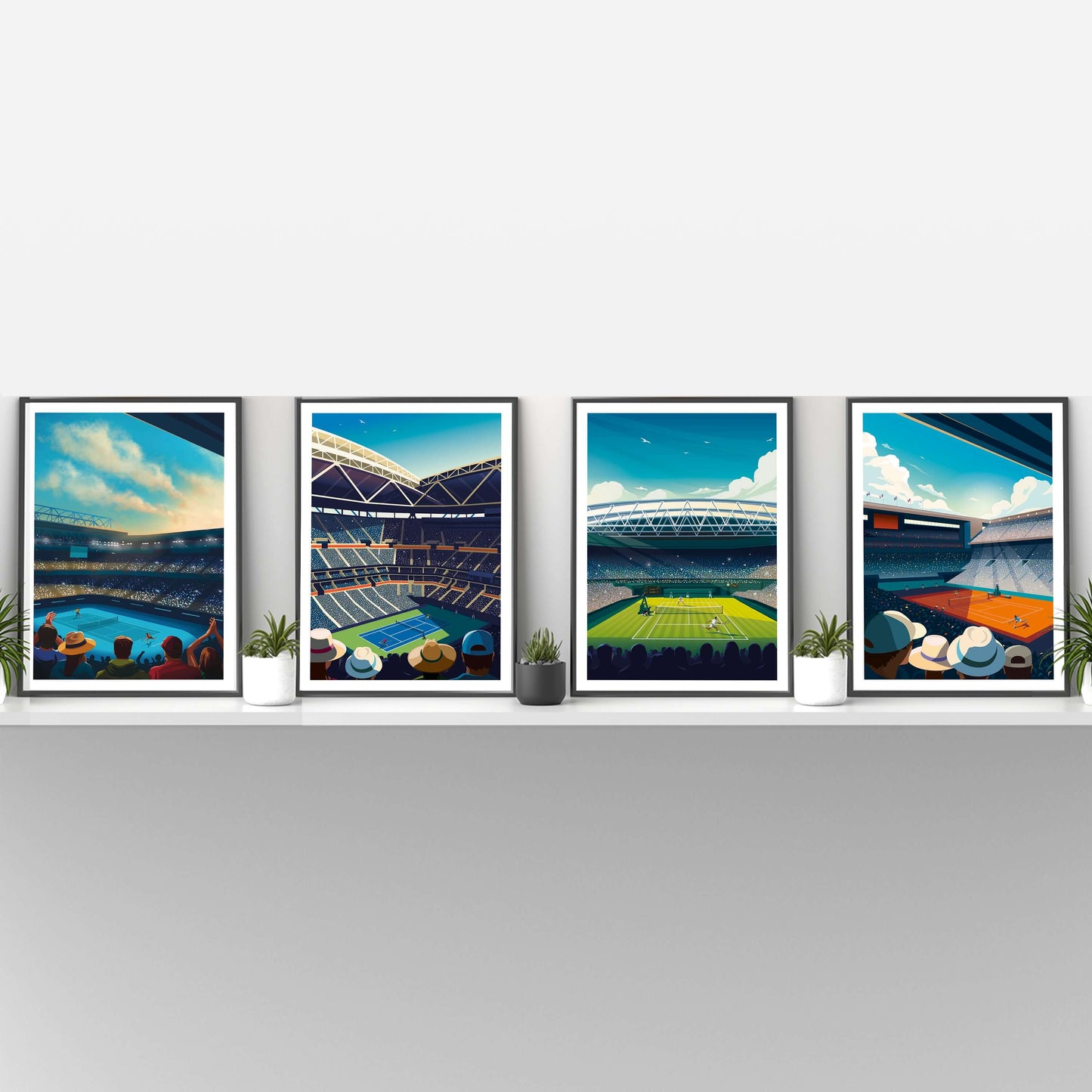 Set of 4 Grand Slam tennis posters of Australian Open, US Open, Wimbledon and the French Open.