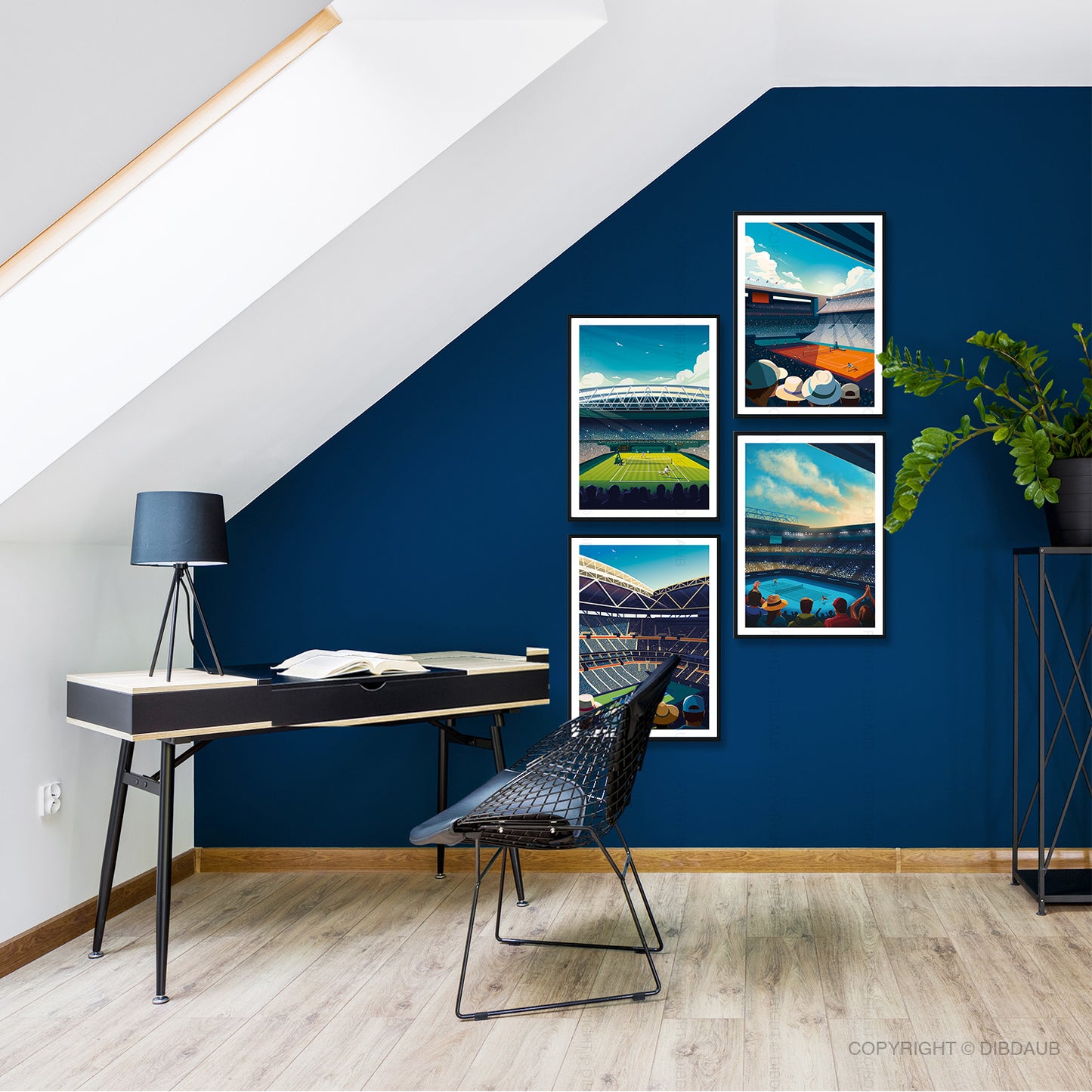 Modern home office with blue wall, desk, chair, and framed tennis prints of Wimbledon, French Open, US Open and Australian Open.