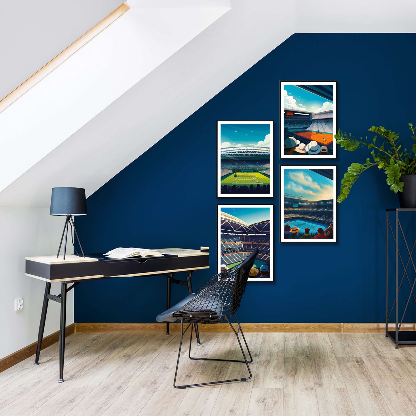 Home office with 4 vibrant framed tennis art prints of Australian Open, Wimbledon, US Open and French Open, displayed on a navy wall beside desk and chair..