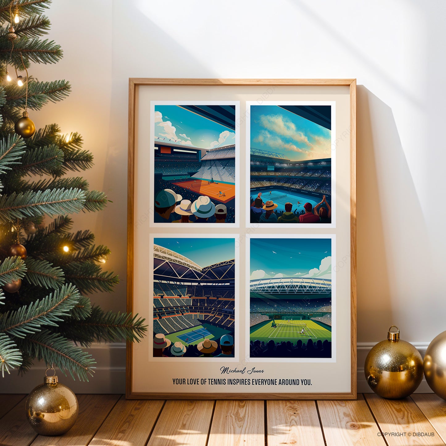 Framed custom artwork of a tennis stadium with a Christmas tree and decorations in the background