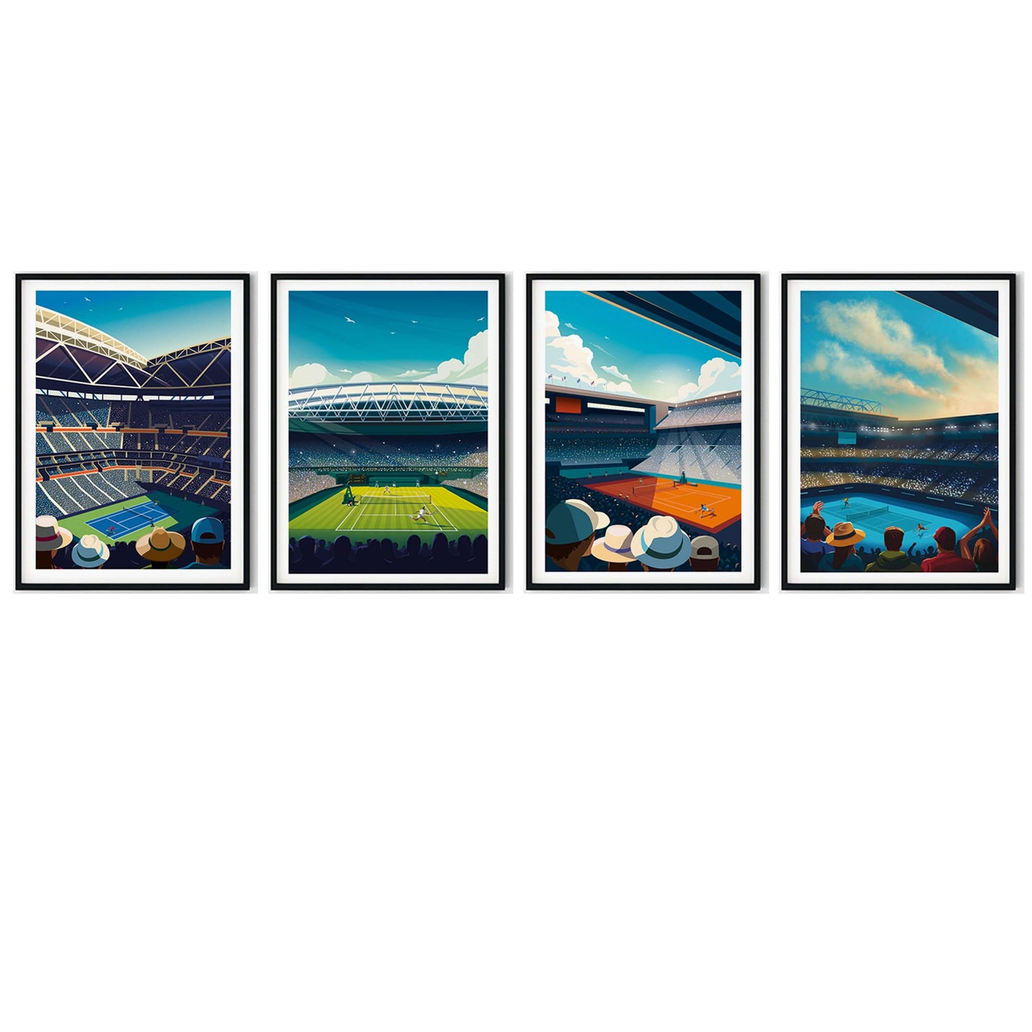 Set of four framed tennis art prints of Wimbledon Centre Court, Roland Garros, Rod Laver Arena and Flushing Meadows.