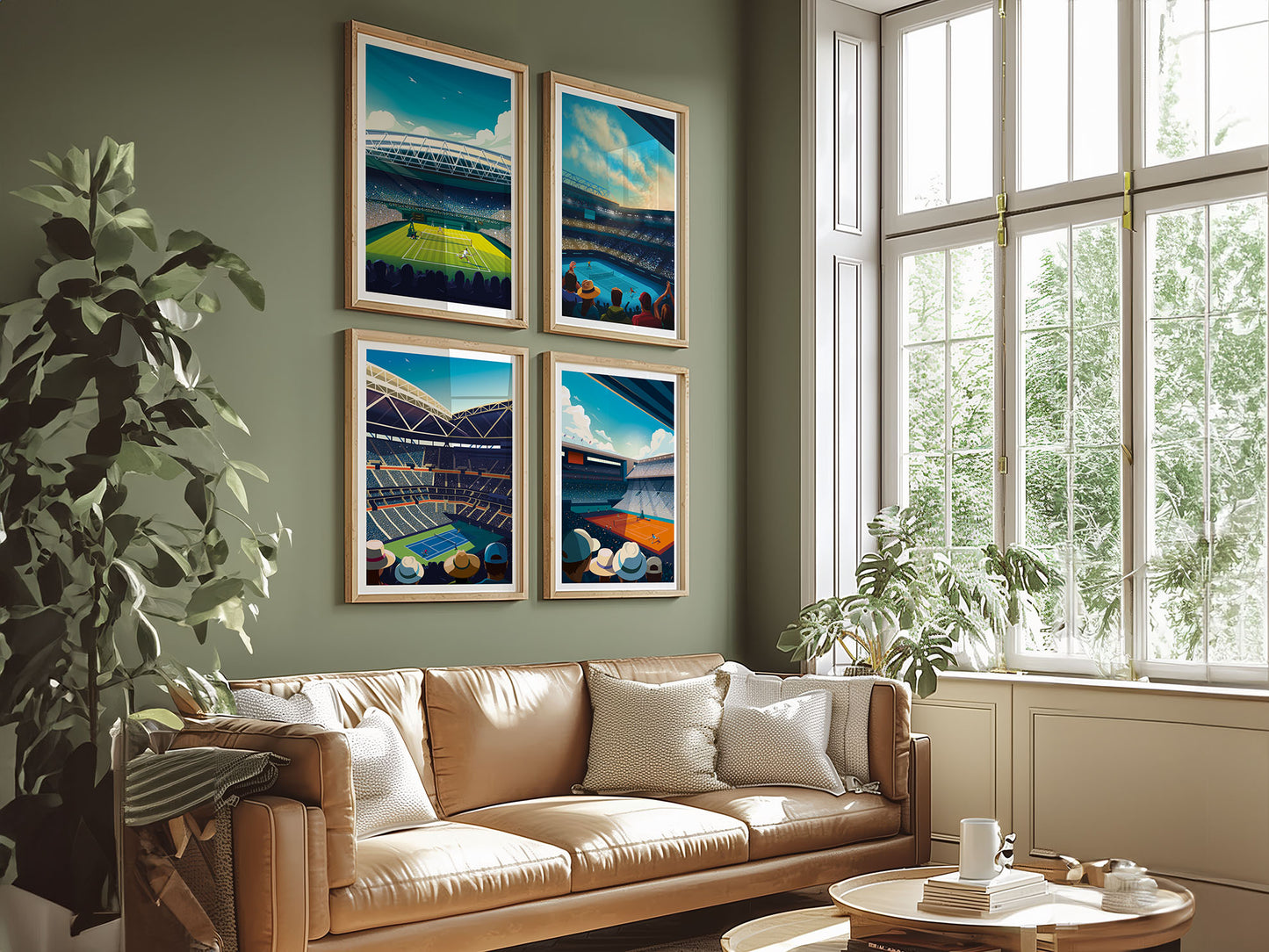 4 Grand Slam tennis art prints with oak frames displayed on a green living room wall above a brown leather sofa with light shinning through the window.