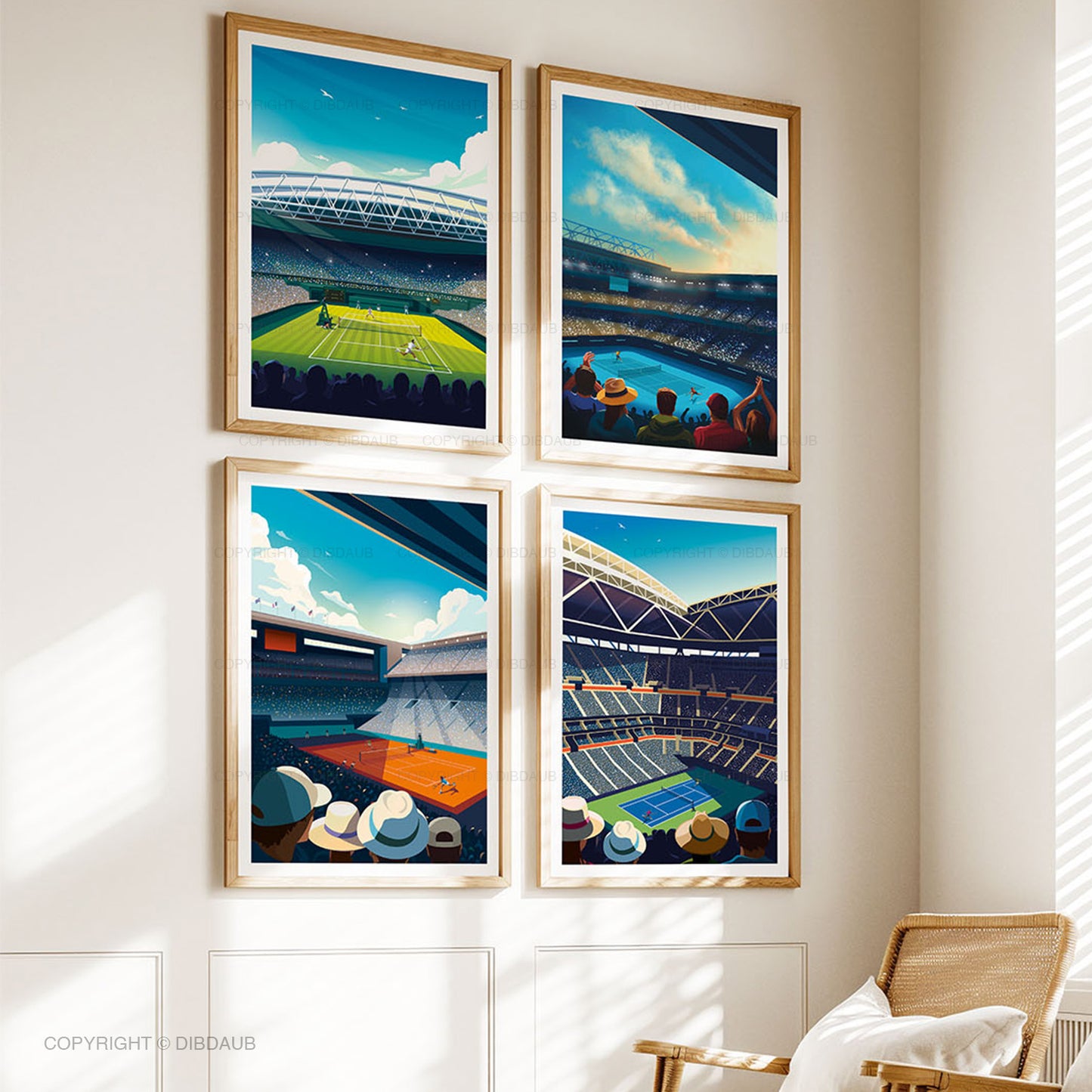 Set of 4 Grand slam tennis prints framed on a wall beside a window.