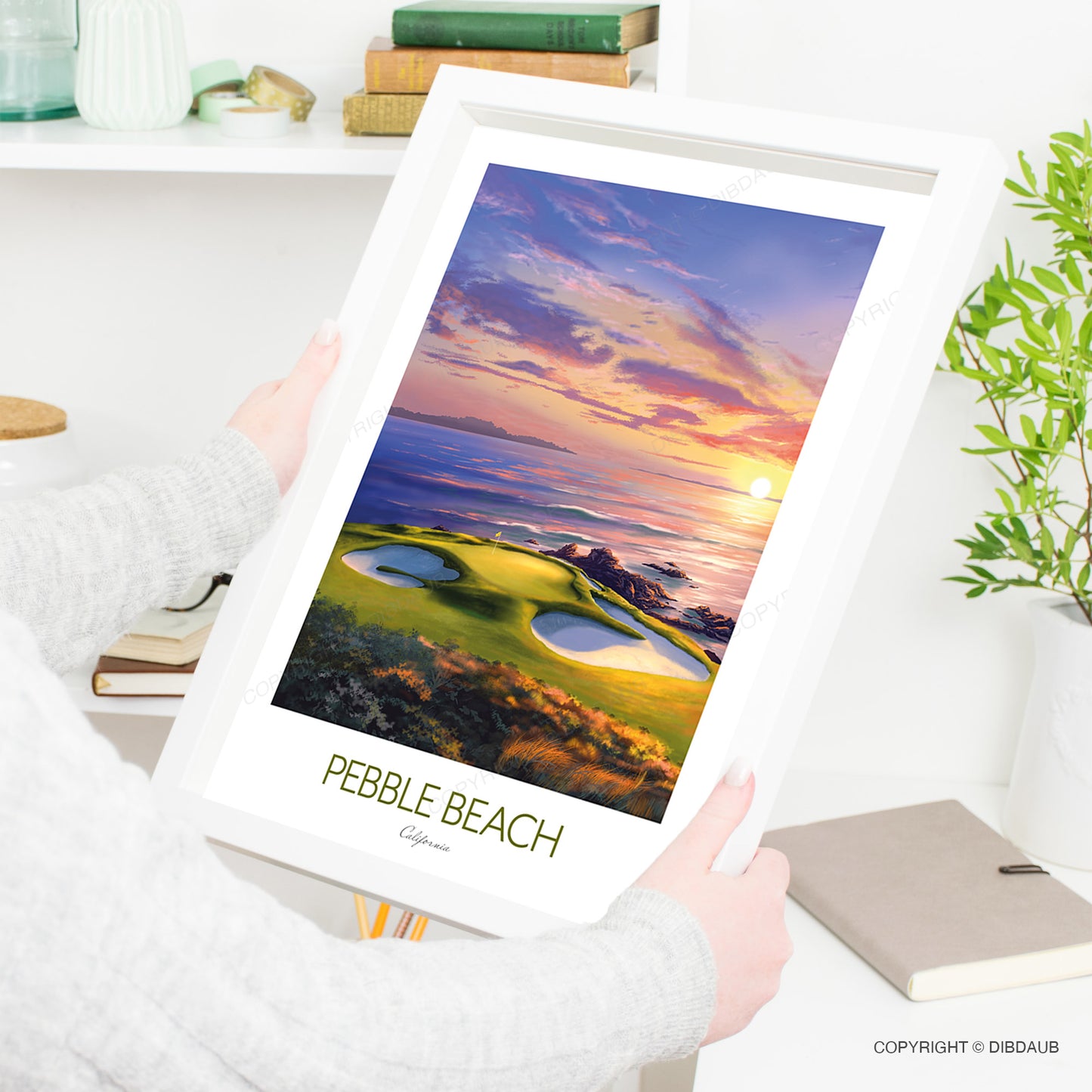 Pebble Beach Golf Print – 7th Hole Sunset Wall Art | Handcrafted Golf Course Poster | Pebble Beach Artwork Gift for Golfers