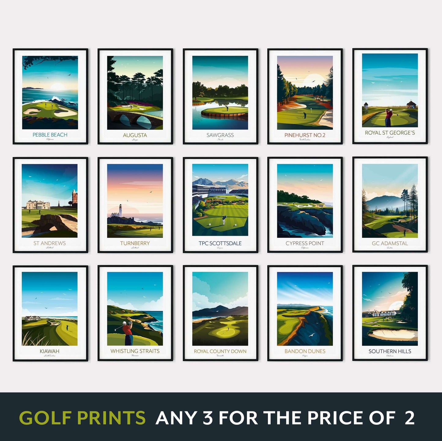 For sale a collection of famous golf course prints framed and displayed on a home interior wall, 3 for the price of 2.