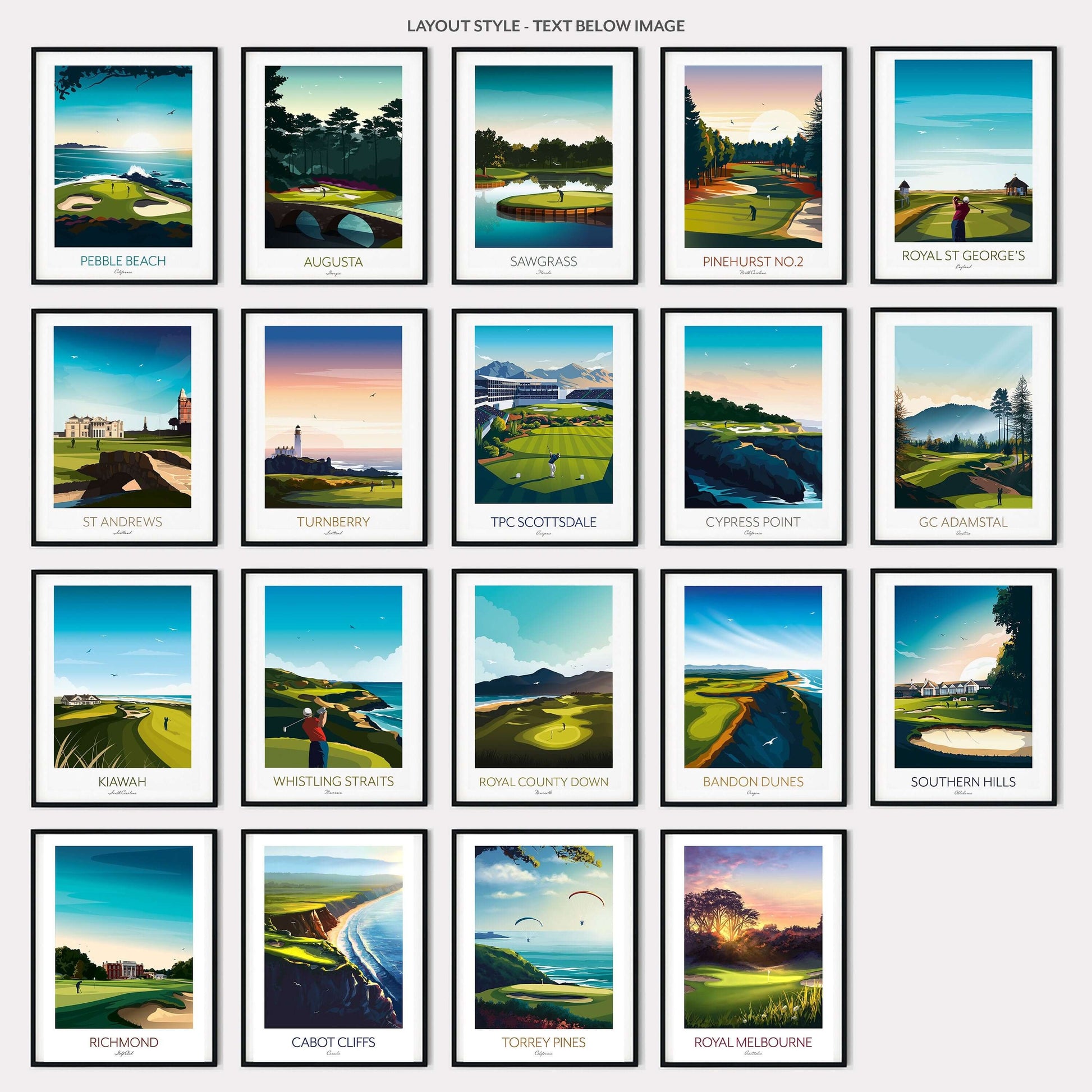 A collection of famous golf course prints framed and displayed on a gallery wall.