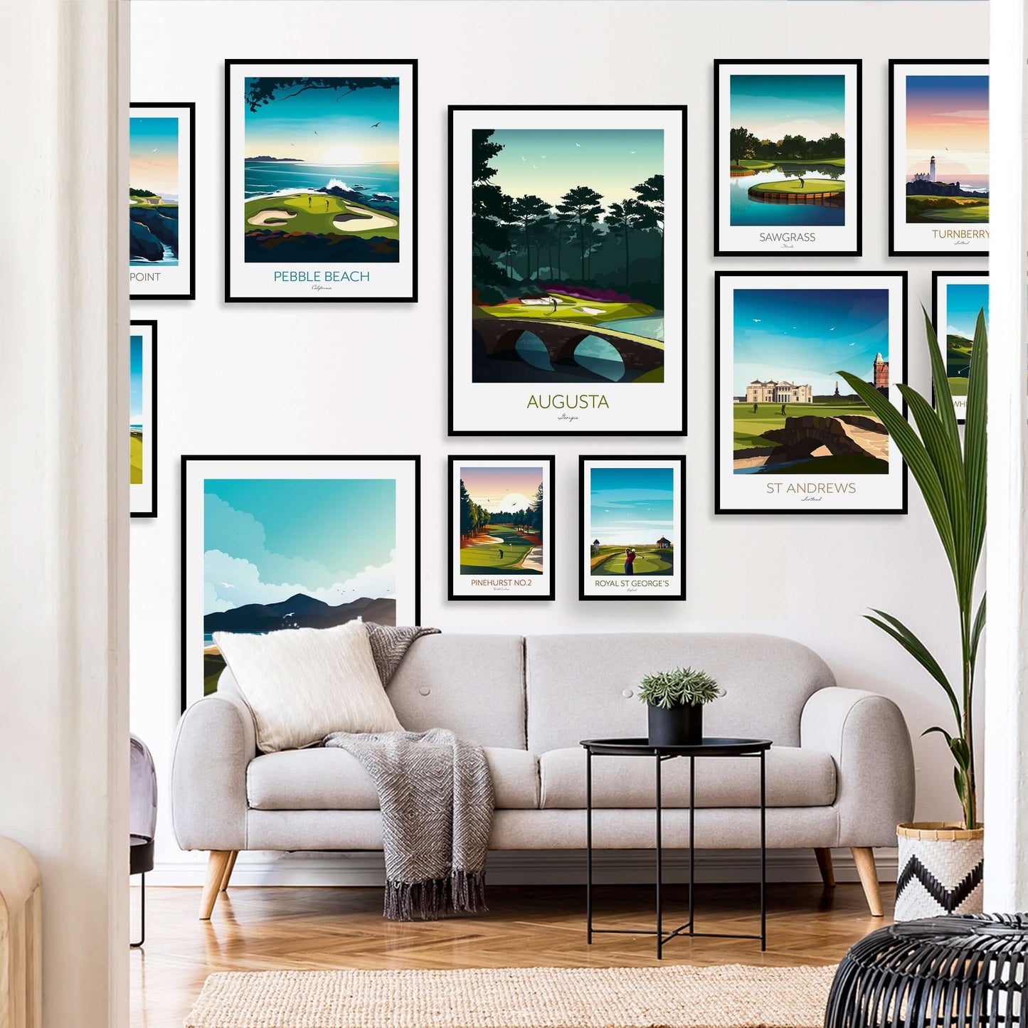 Golf poster collection of the most iconic golf courses around the world displayed as a gallery wall.