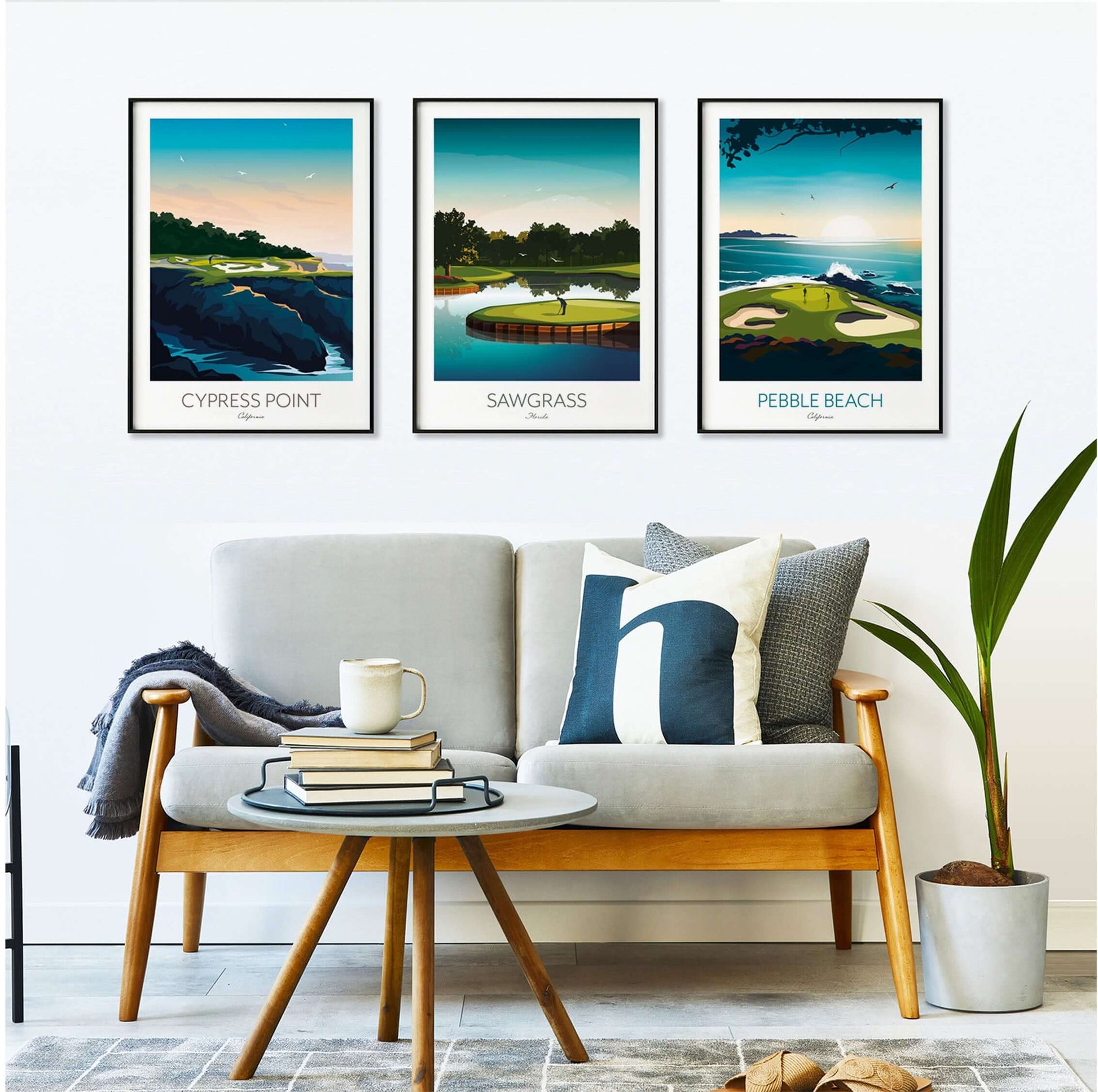 Golf prints set of 3, includes Cypress Point, Sawgrass and Pebble Beach.