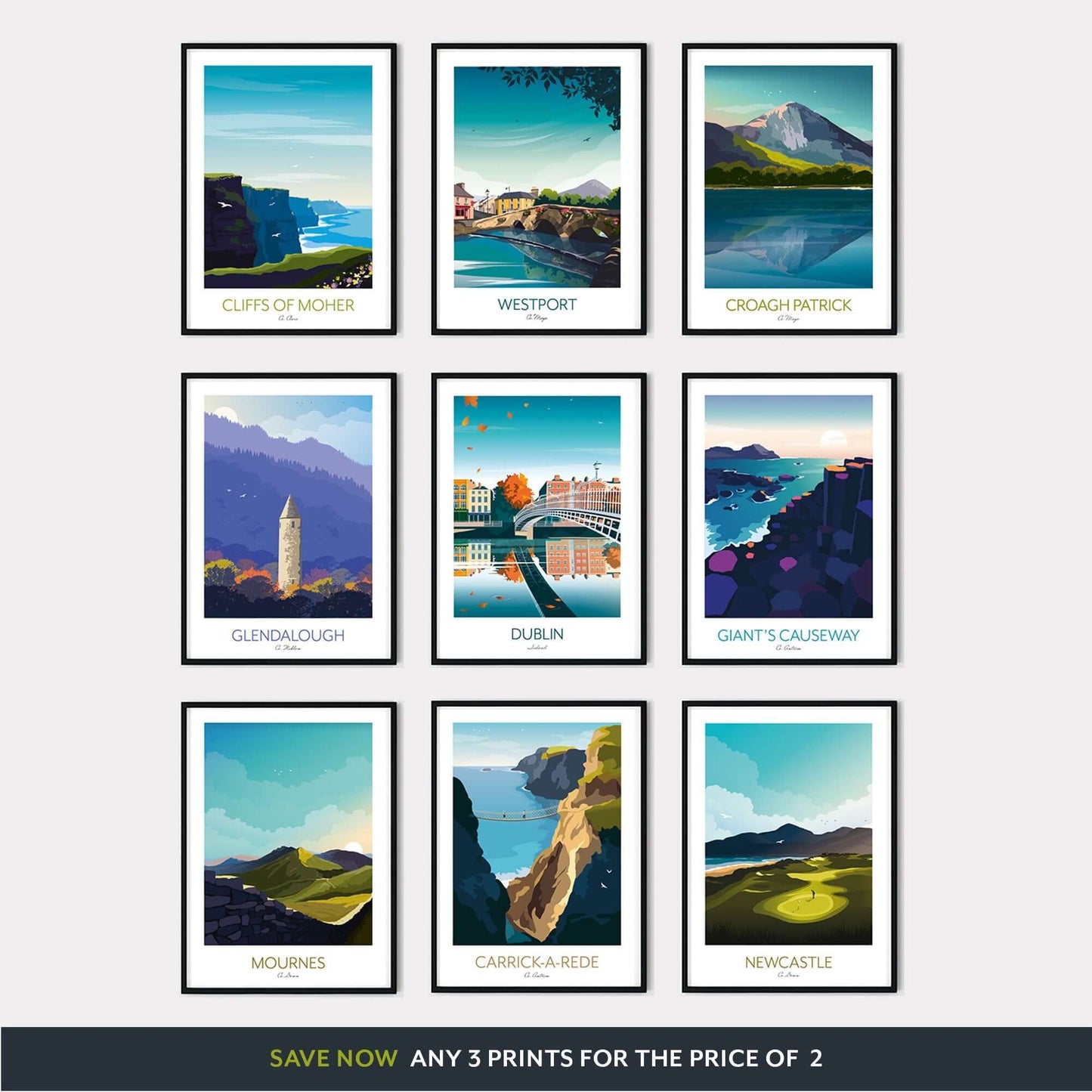 Travel Prints, Dublin, Cliffs of Moher, Glendalough, Croagh Patrick, Giants Causeway, Westport, Carrick-a-Rede, Newcastle.