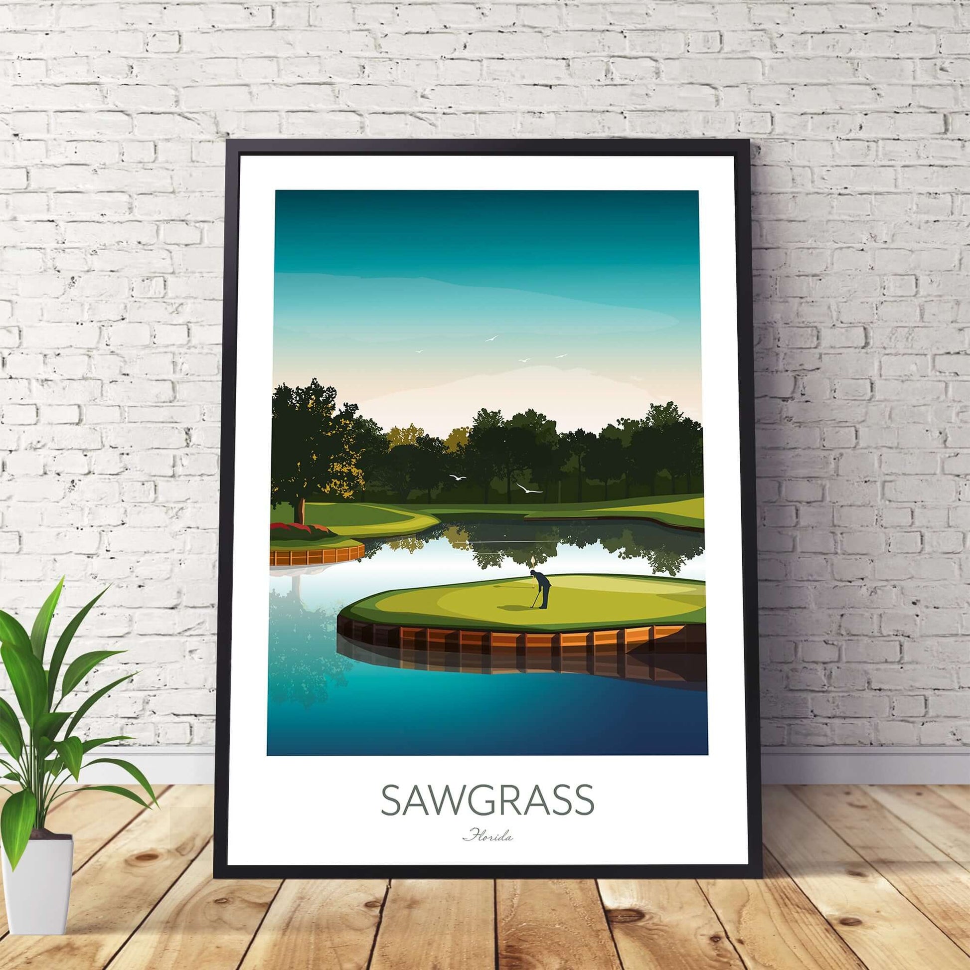 Framed golf print of TPC Sawgrass 17th hole at island green.
