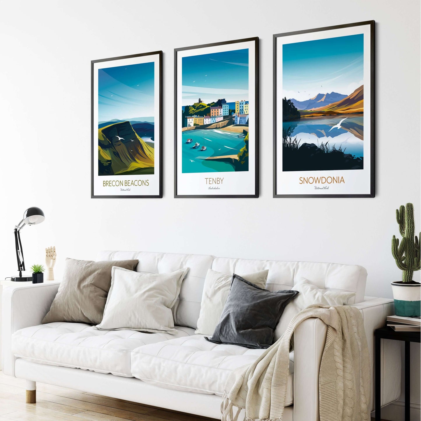 Wales set of 3 prints includes Snowdonia, Tenby, Brecon Beacons.