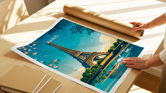 Flatten rolled print safely using books on a flat surface.