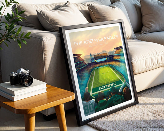 Framed art print of Philadelphia Eagles Lincoln Financial Field Stadium, resting against a sofa on a living room floor.