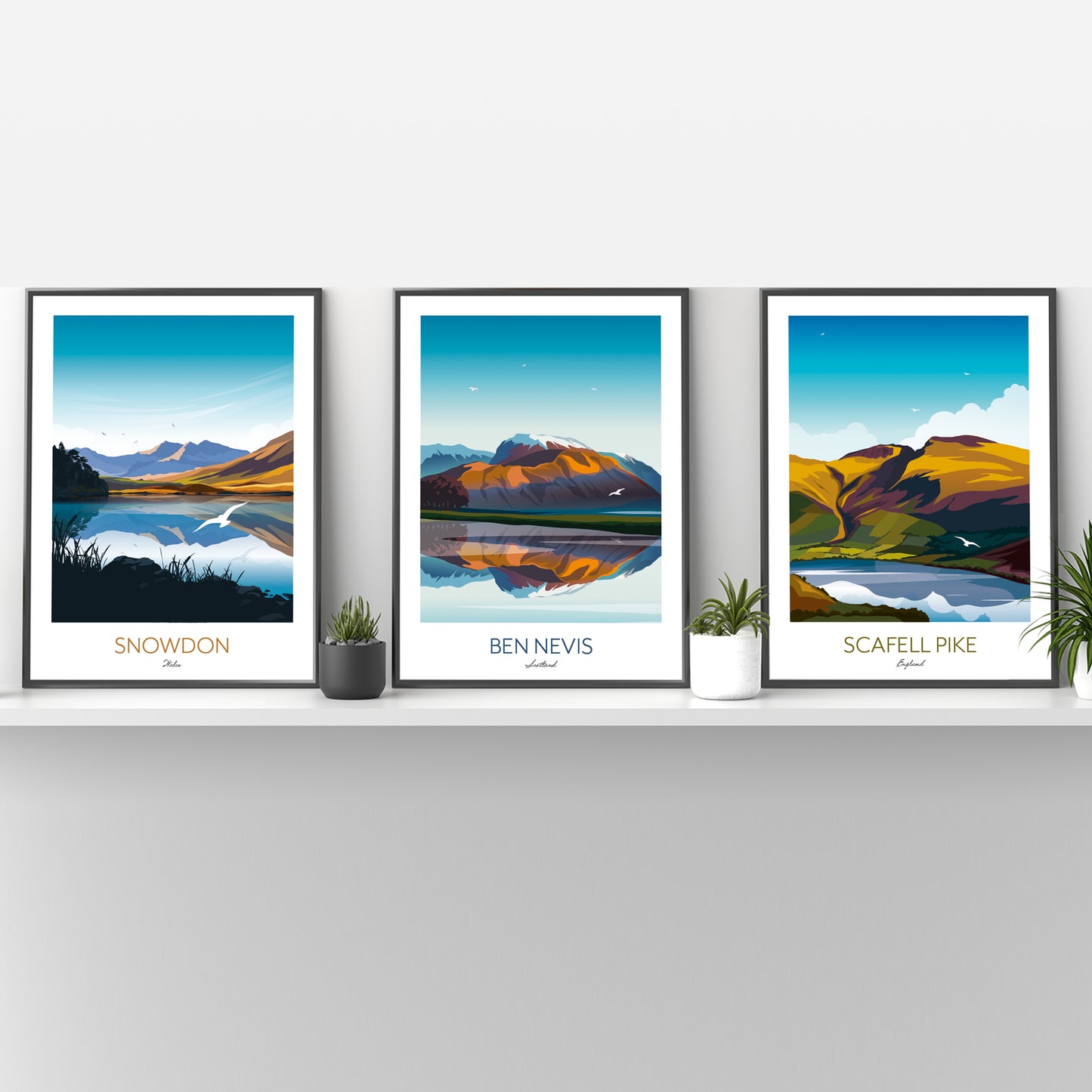 Three Peaks Challenge UK Gift - Personalised Climbing Prints of Snowdon, Scaffel Pike and Ben Nevis