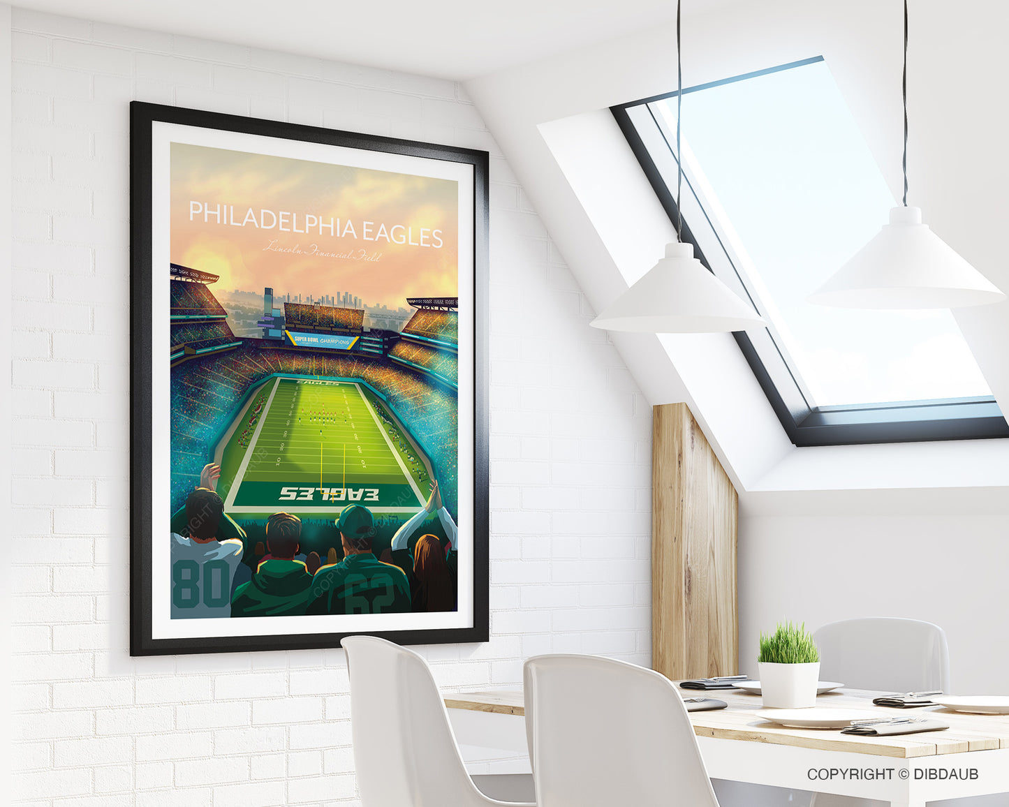 Framed Philadelphia Eagles stadium poster in a modern apartment setting, with white walls.