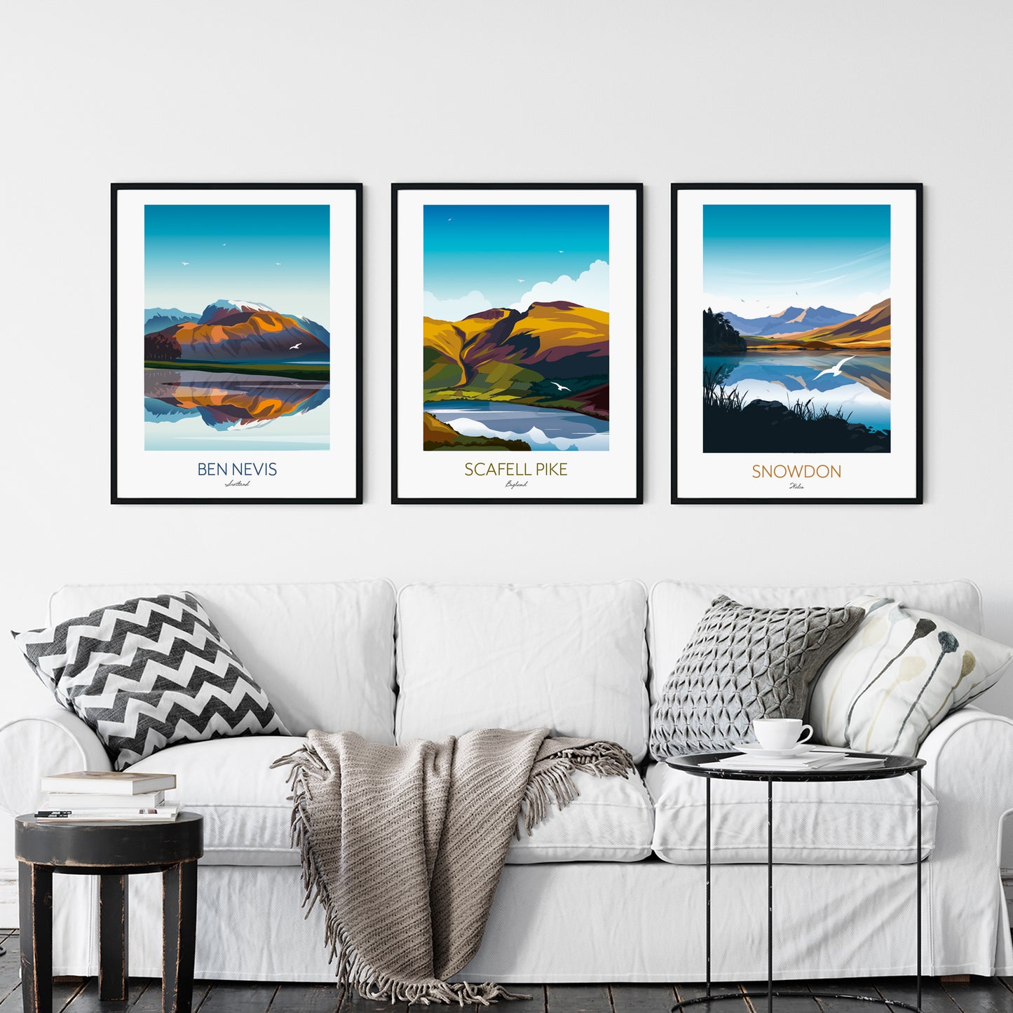 Three Peaks Challenge UK Gift - Personalised Climbing Prints of Snowdon, Scaffel Pike and Ben Nevis