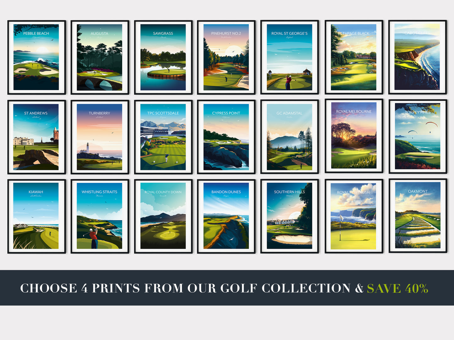 Famous Golf Course Fine Art Prints Set of 4 | Choose Any 4 Iconic Golf Course Posters & Wall Art