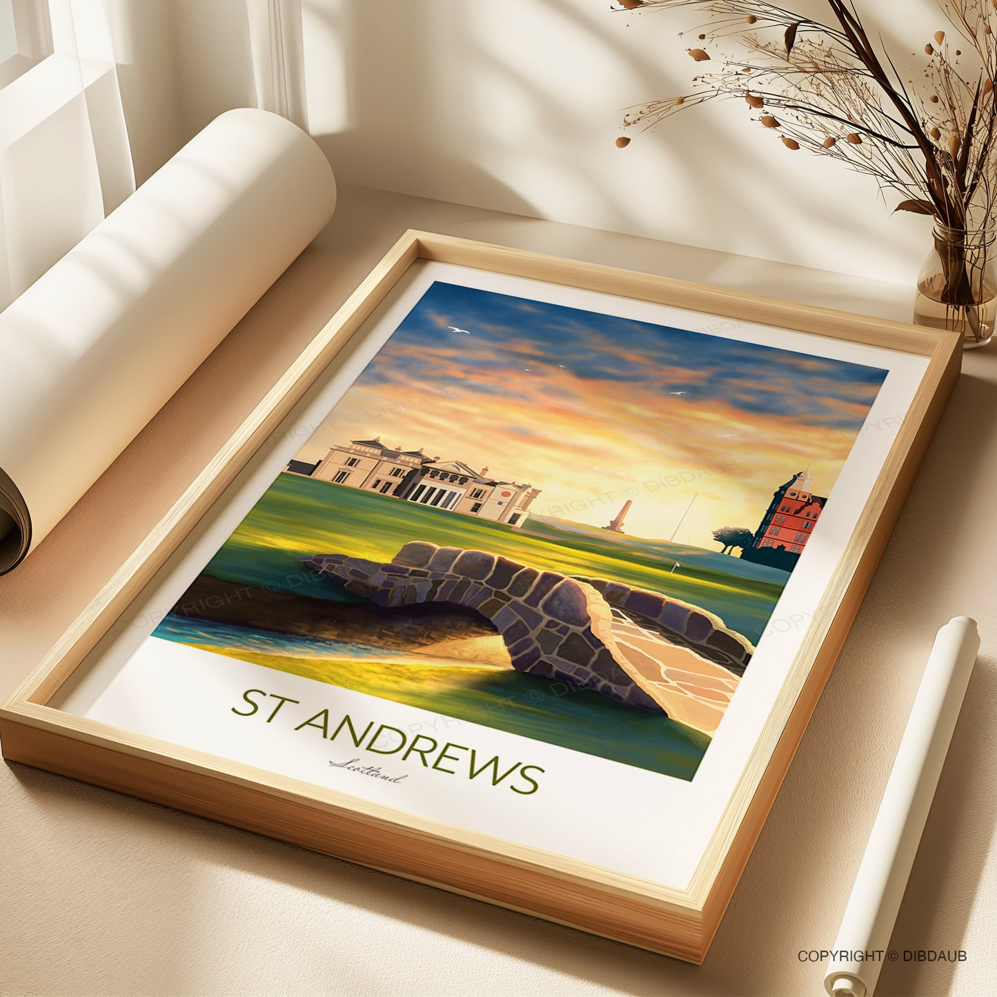 A framed St Andrews Links 18th hole print featuring the historic clubhouse and dramatic evening sky.