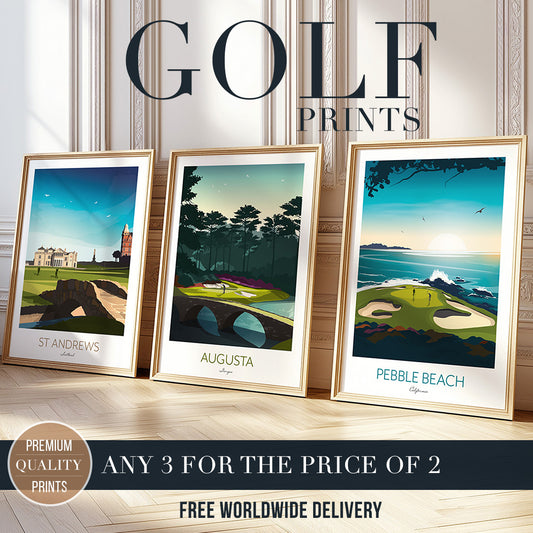 Framed Golf Course prints of St Andrews, Augusta and Pebble Beach.