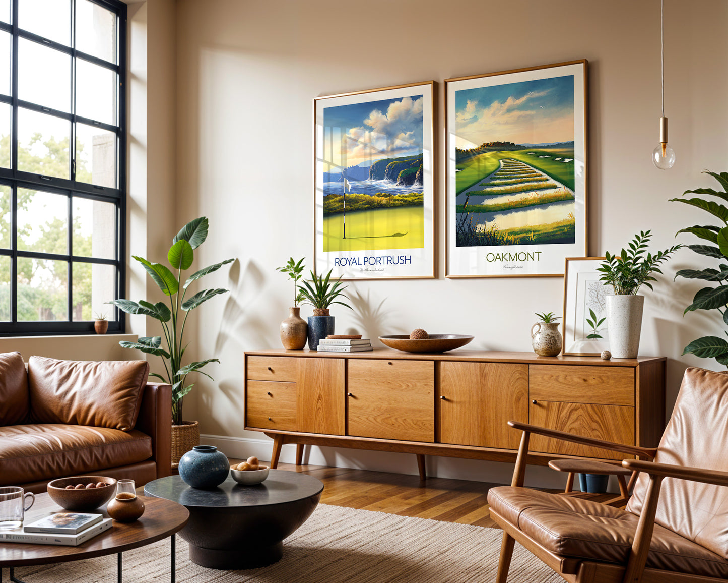 Living room with wooden furniture, plants, and framed golf art on the wall.