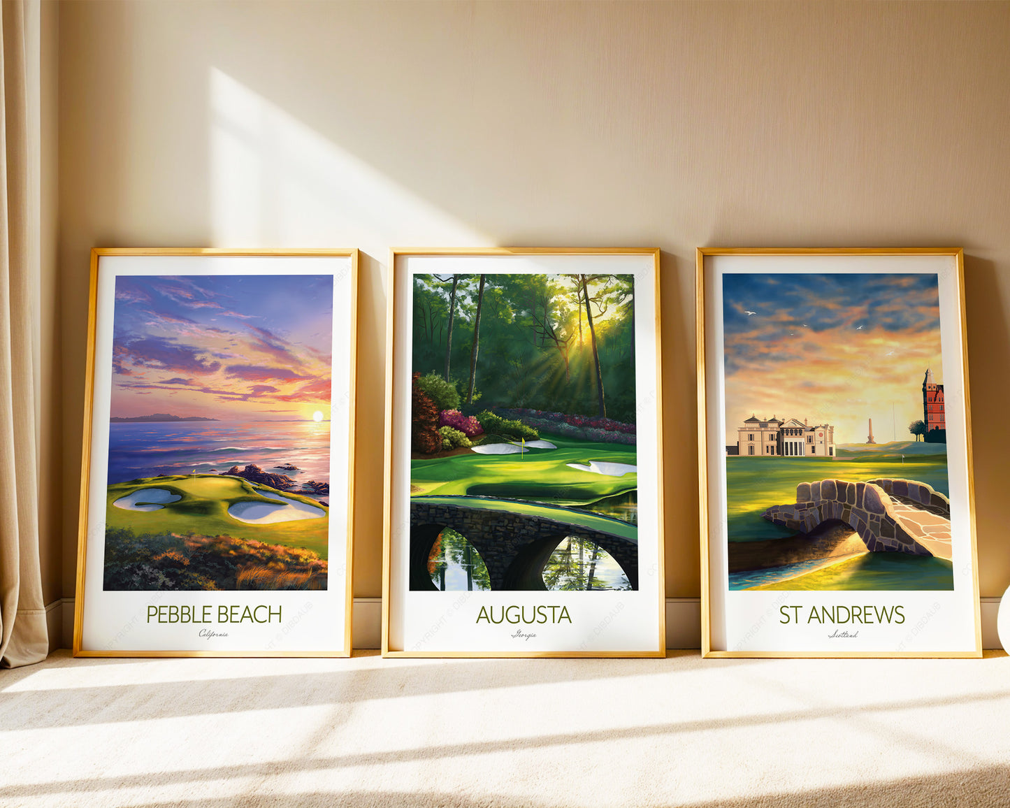 Augusta, St Andrews & Pebble Beach Golf Prints Set | Iconic Golf Course Wall Art Trio