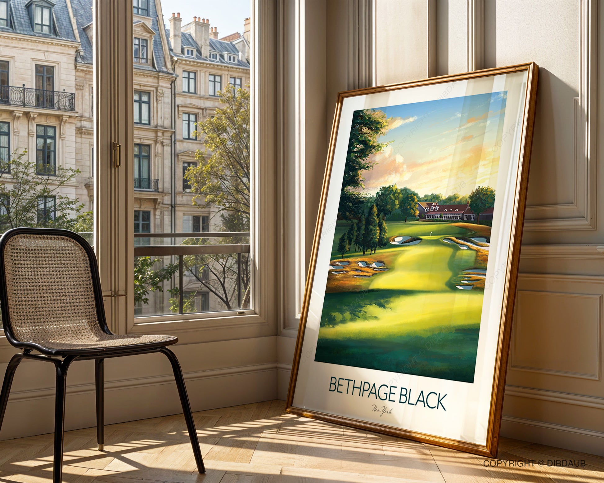 Framed artwork of Bethpage Black golf course in a room beside a large window.