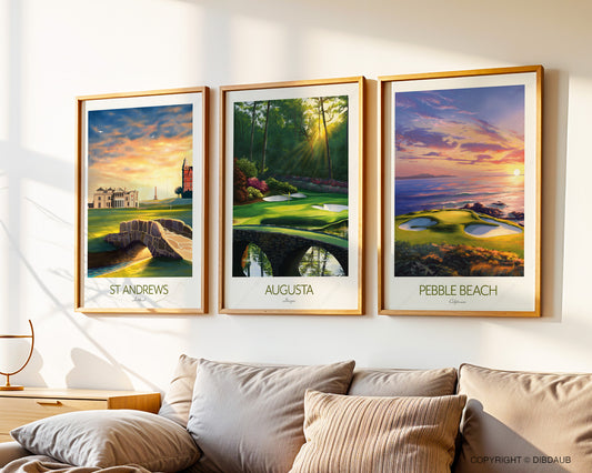 Augusta, St Andrews & Pebble Beach Golf Prints Set | Iconic Golf Course Wall Art Trio