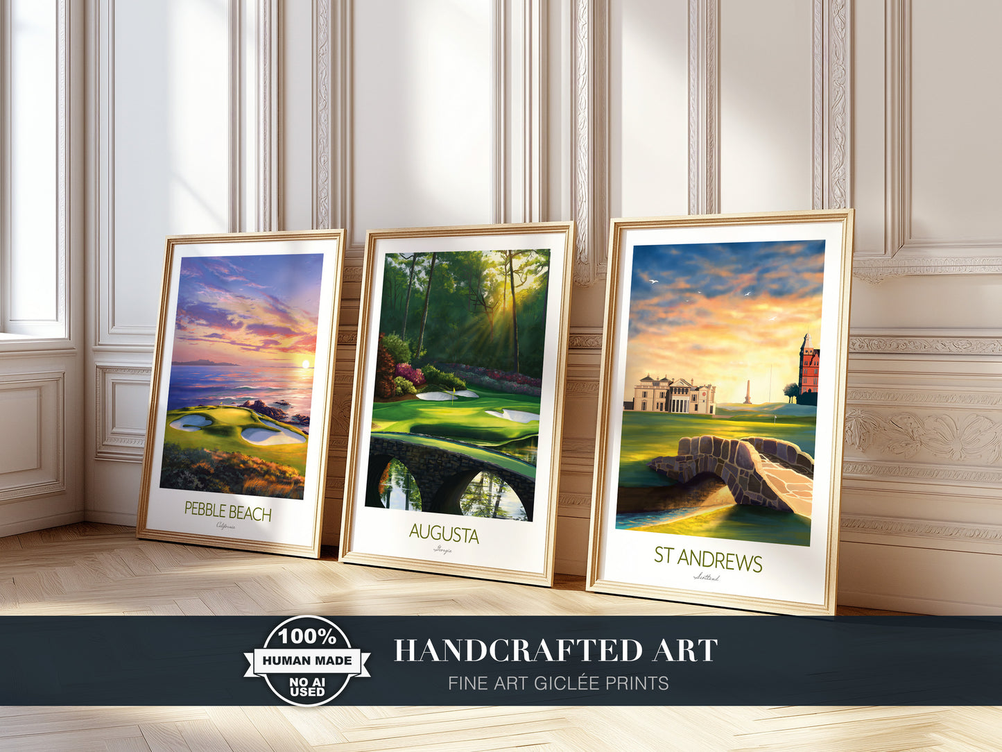 Augusta, St Andrews & Pebble Beach Golf Prints Set | Iconic Golf Course Wall Art Trio