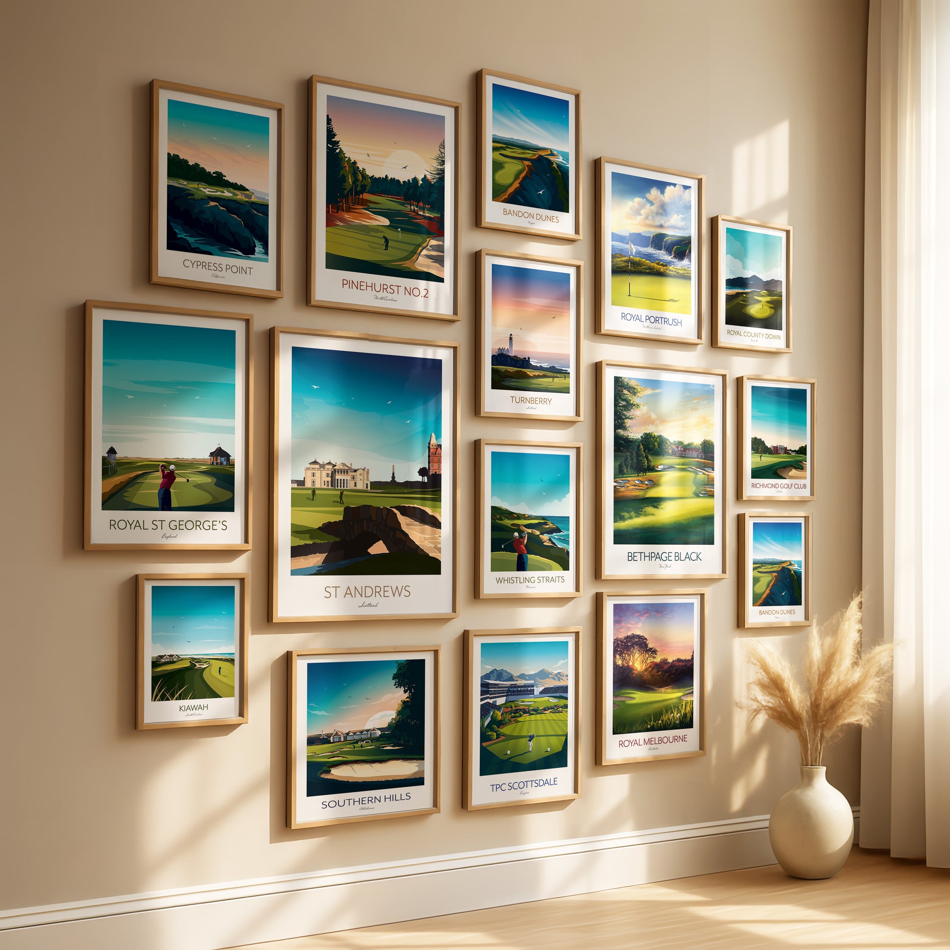 Gallery wall with oak framed golf course art prints arranged in a grid pattern.