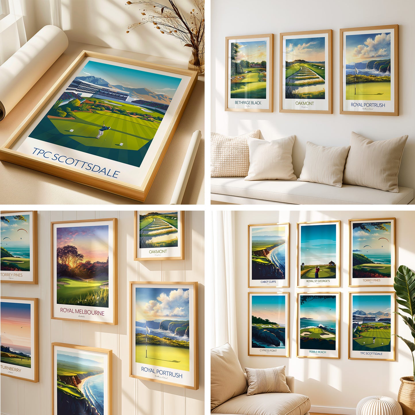 Framed golf course prints displayed in-line on a wall, above a sofa and examples of with gallery wall layouts.