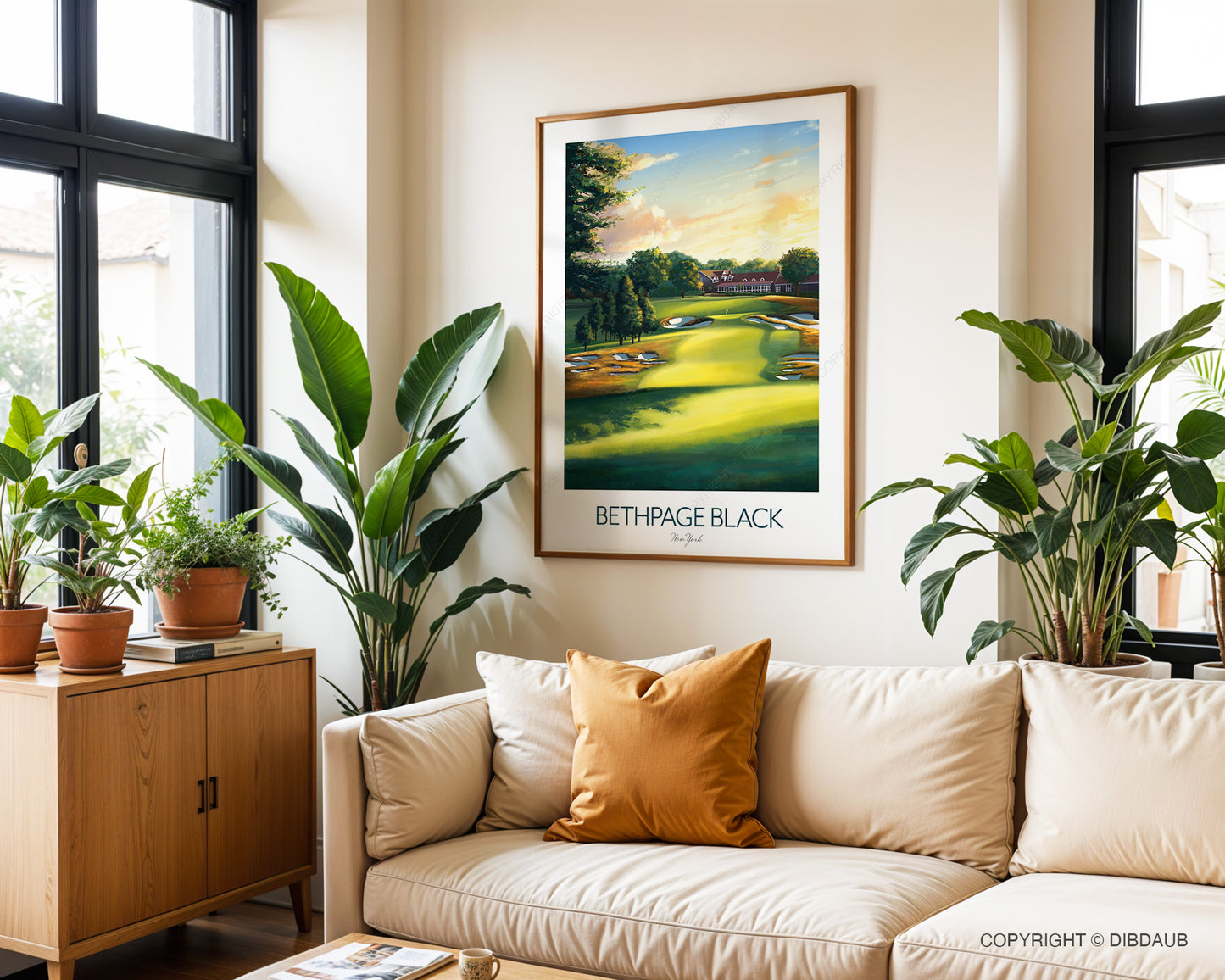 Living room with a couch, plants, and a framed art print of a Bethpage Black golf course, New York.